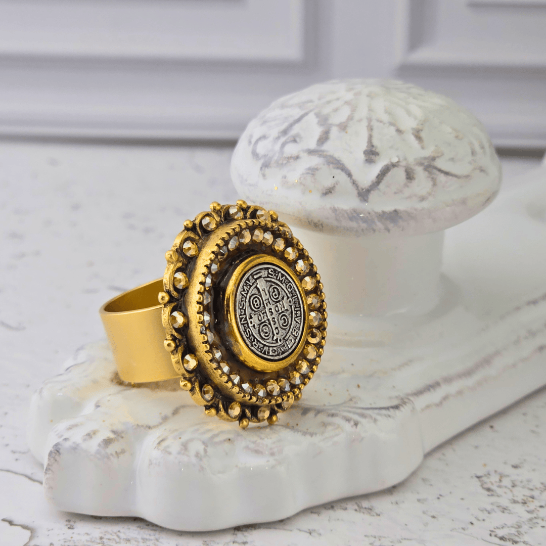Large Bling Gold Saint Benedict Cross Ring with Mustard Seeds