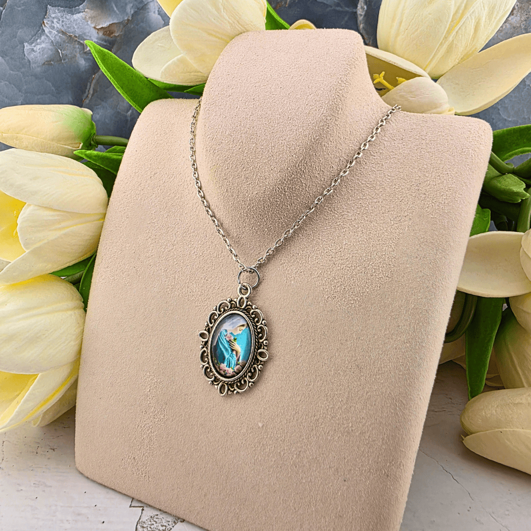 Silver Chain With Madonna and Roses Medal