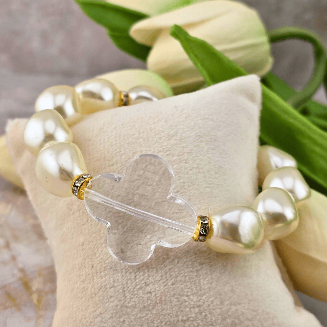 Pearl Stretch Bracelet With Cross