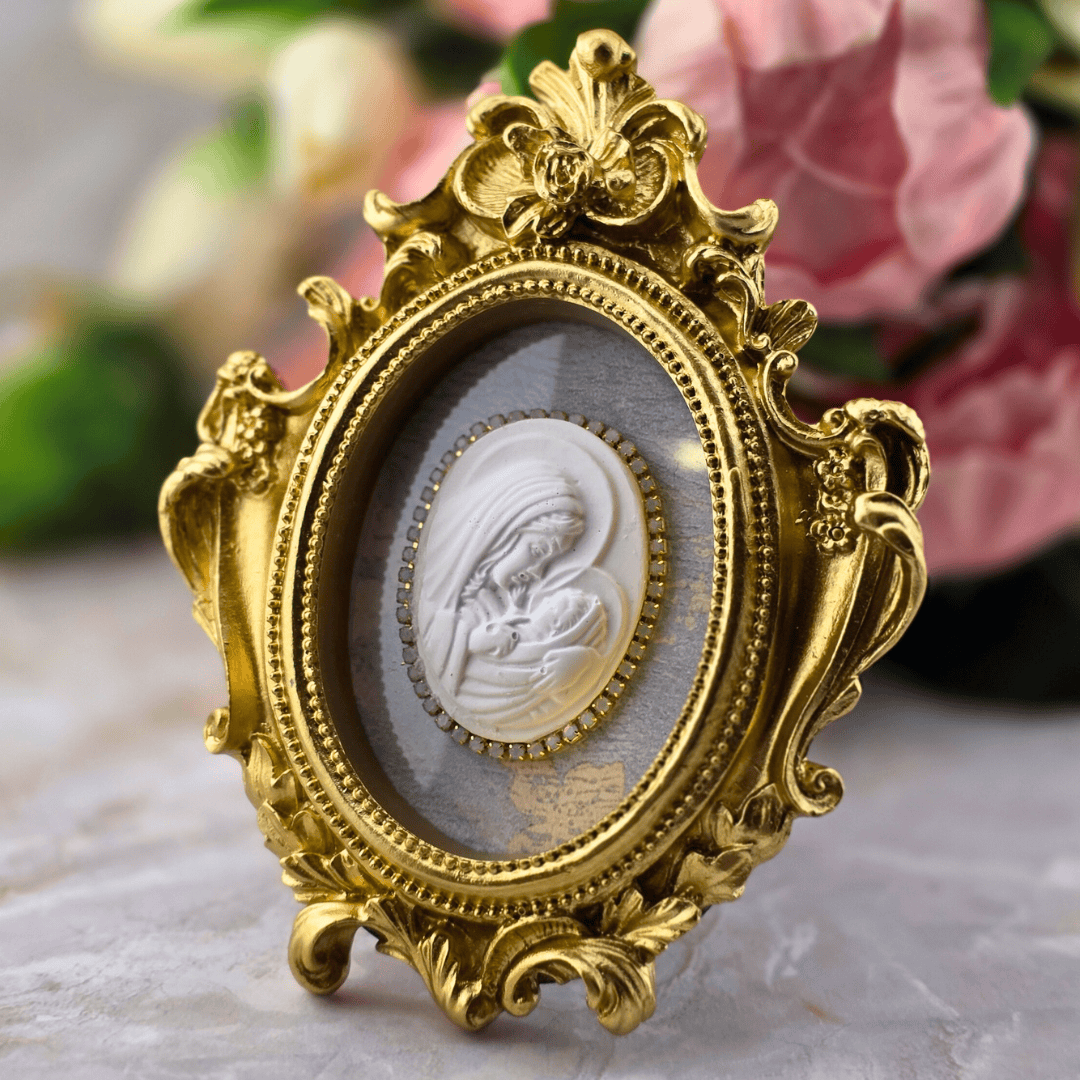 Sister Dulce Gift Shop, Shepherds Staff, Religious Store, Cypress Springs Mercedarian Prayer Center, Jeweled Cameo Intaglio, Pearl, Frame, Madonna with Child