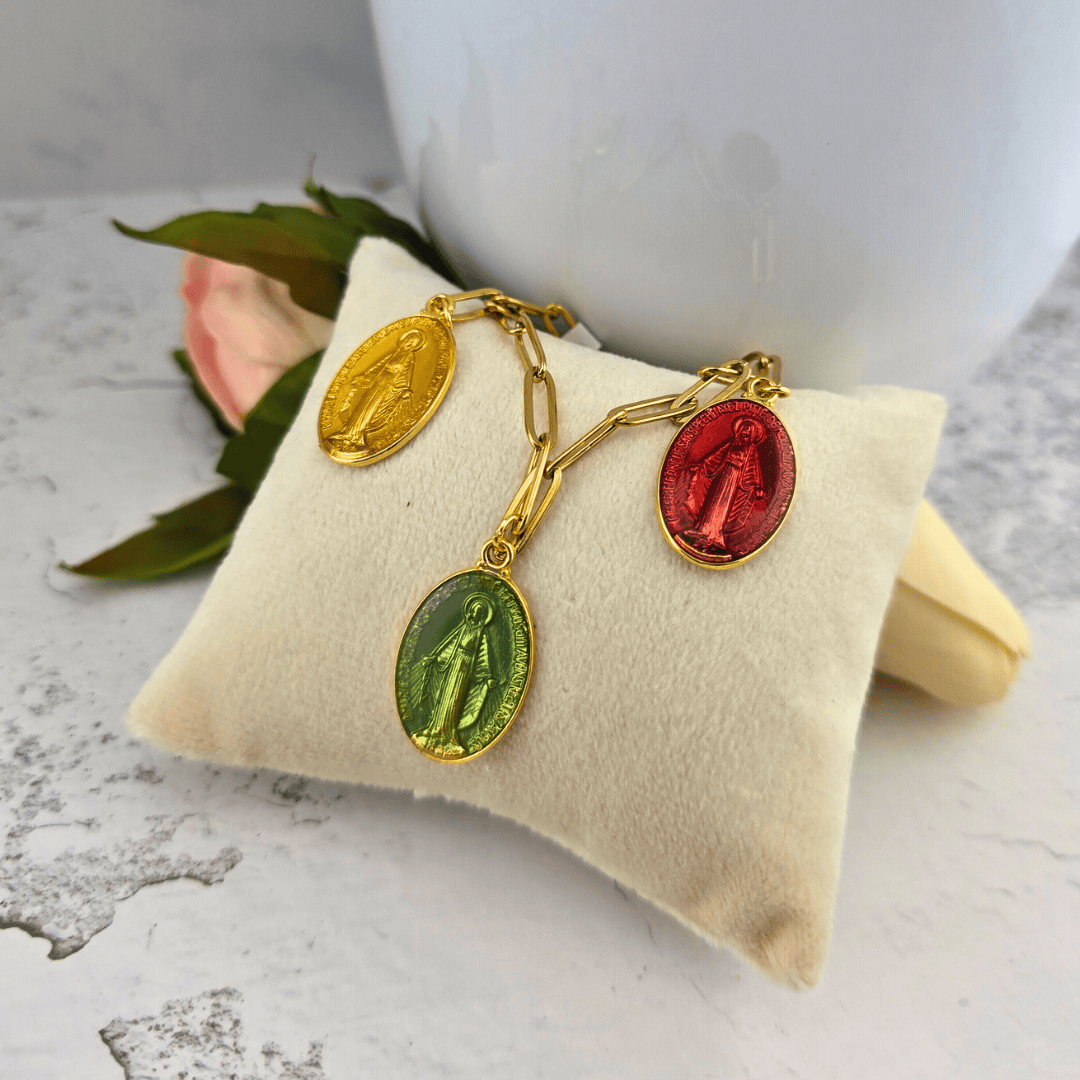 Colorful Mary Medals on Gold Paperclip Chain Bracelet