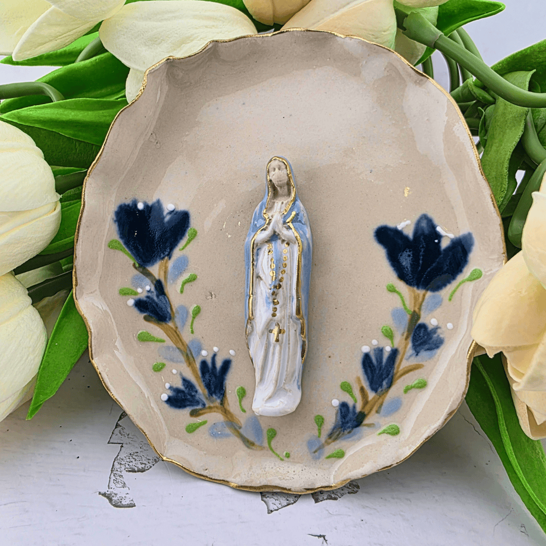 Sister Dulce Gift Shop, Shepherds Staff, Religious Store, Cypress Springs Mercedarian Prayer Center, Catholic, Sacred Treasures, Our Lady of the Rosary Trinket Dish, Blue Flowers