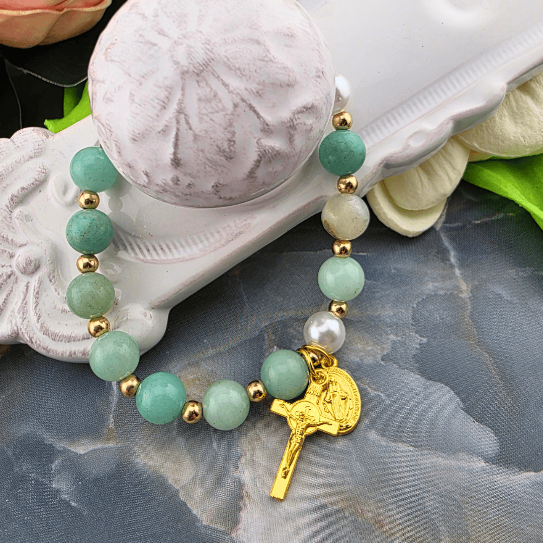 Sister Dulce Gift Shop, Shepherds Staff, Religious Store, Cypress Springs Mercedarian Prayer Center, Catholic, Amazonite Beaded Bracelet with Miraculous Medal and Crucifix