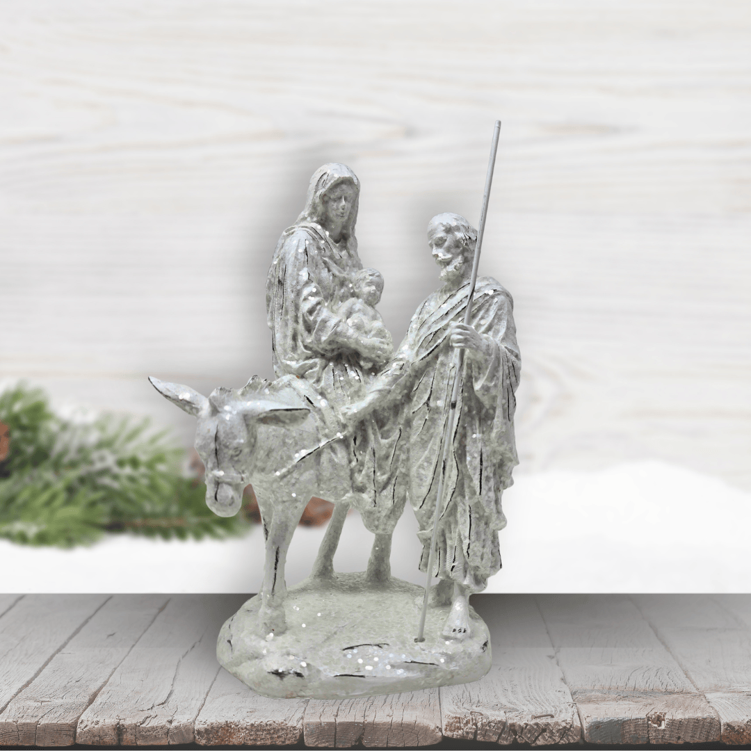 White Glittered Joseph with Mary Riding Donkey Nativity