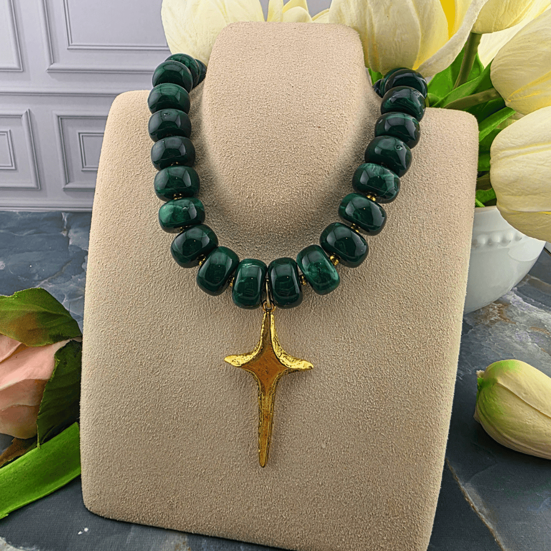 Cross Emerald and Gold Beaded Necklace