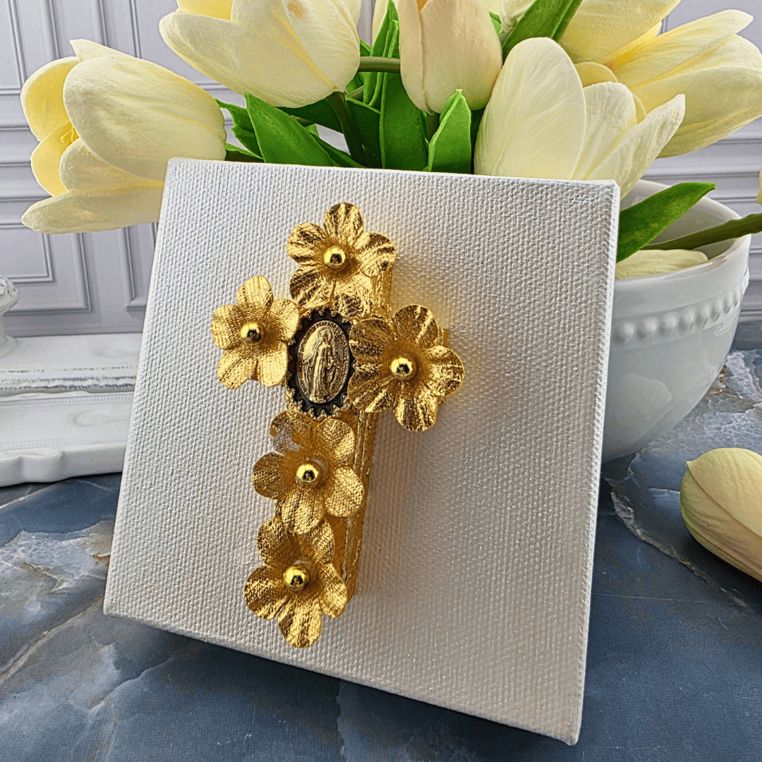 gold flower cross with miraculous medal, Sister Dulce Gift Shop, Shepherds Staff, Religious Store, Cypress Springs Mercedarian Prayer Center, Catholic, popular item, home decor