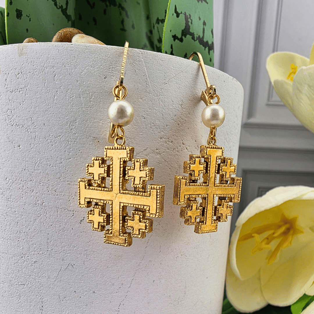 Pearl Jerusalem Cross Dangling Earrings