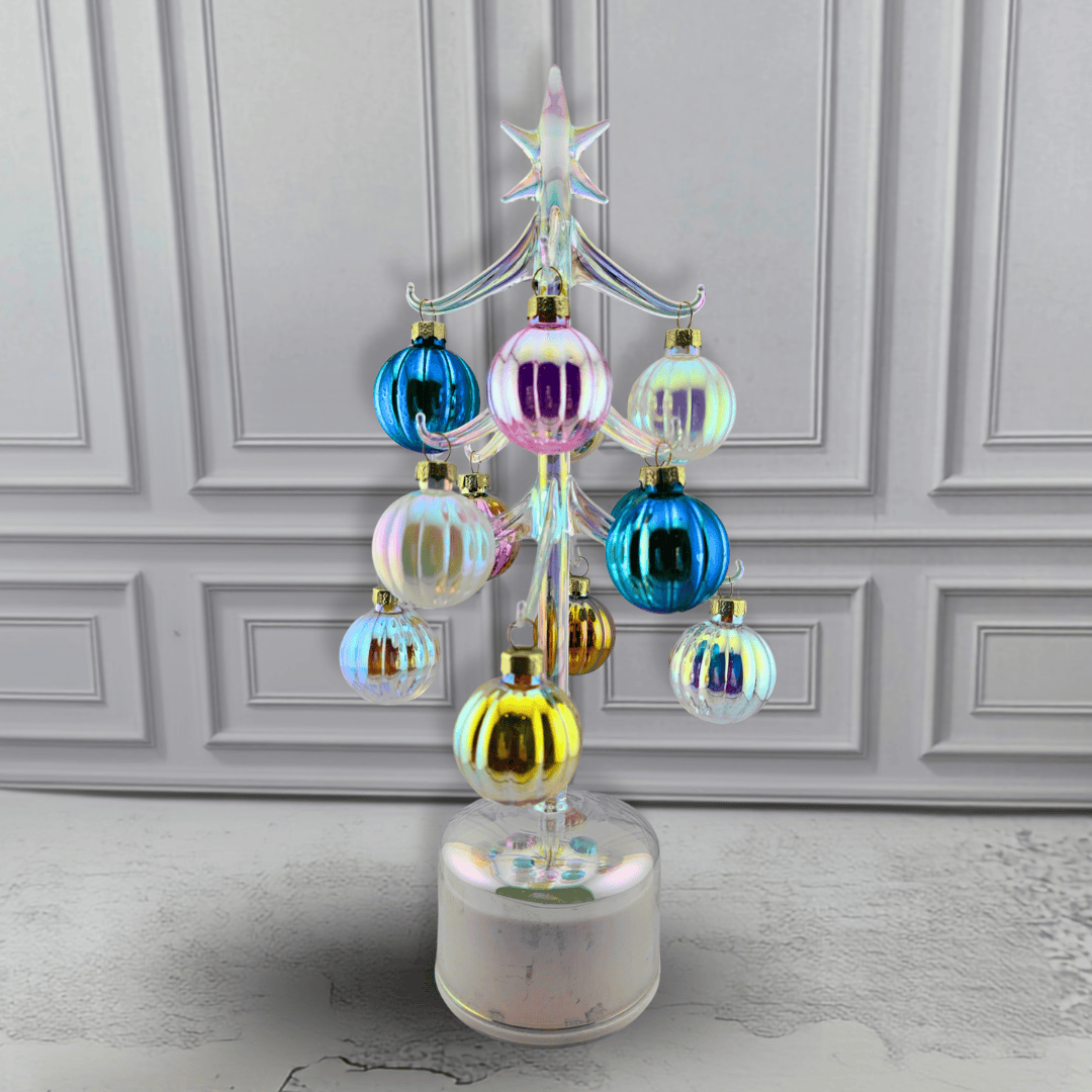 An iridescent glass Christmas tree ornament set with a star topper and multiple hanging baubles in blue, pink, gold, and iridescent finishes, Sister Dulce Gift Shop, Shepherds Staff, Religious Store, Cypress Springs Mercedarian Prayer Center, Catholic, new item, christmas