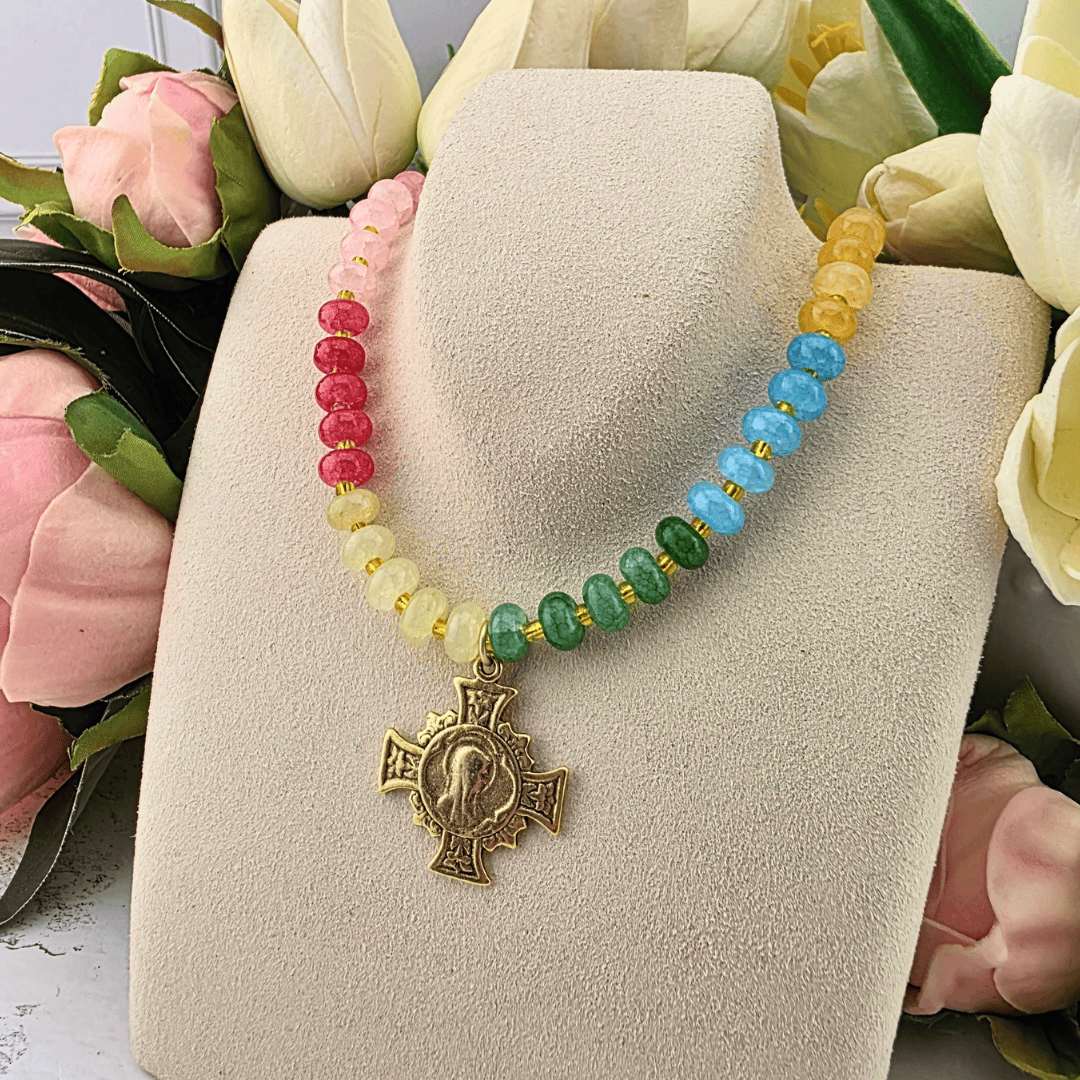 Sister Dulce Gift Shop, Shepherds Staff, Religious Store, Cypress Springs Mercedarian Prayer Center, Catholic, multicolored beaded necklace, cross medallion, new item, parker madison, trending item, popular item