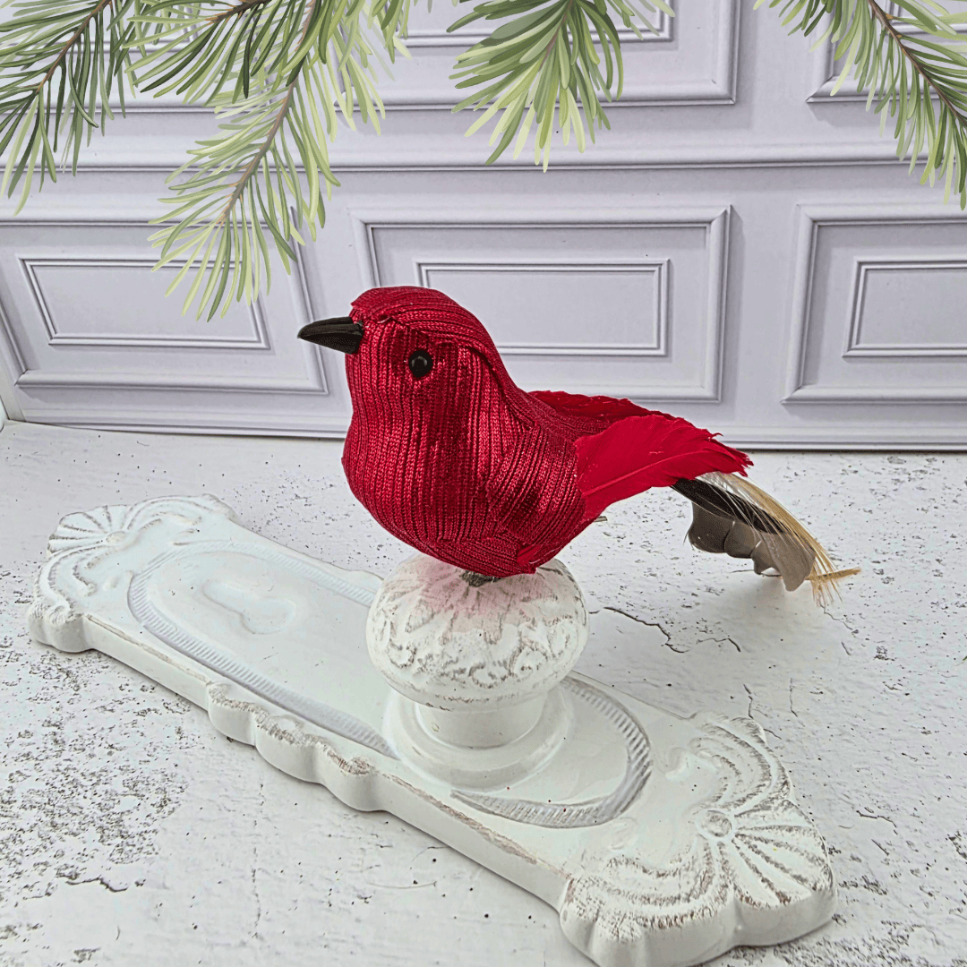 Red Glitter Clip-On Bird Ornament with Feather Tail