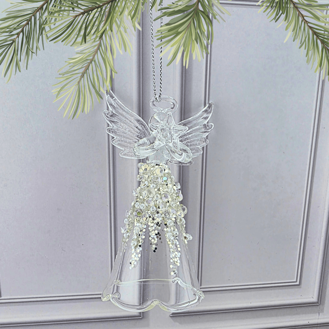 Glass Angel Bell Ornament with Crystal Beaded Gown