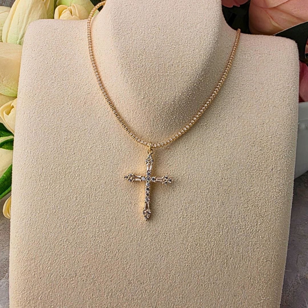 Baguette Cross With Pave Chain Jewelry Golden Stella