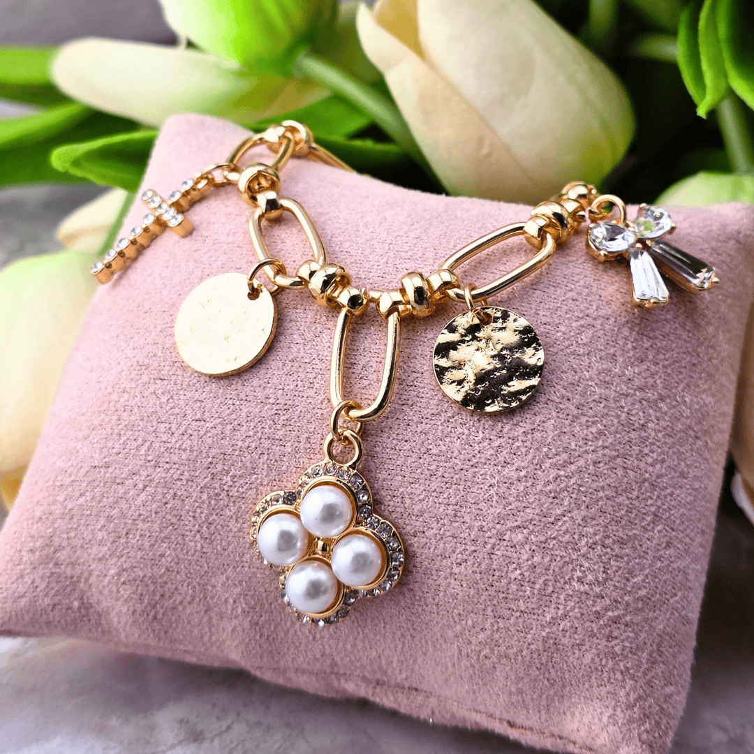 Sister Dulce Gift Shop, Shepherds Staff, Religious Store, Cypress Springs Mercedarian Prayer Center, Catholic, Cross and Bow Multi-Charm Bracelet Solid Pearl and CZ Cross Bracelet SM Style