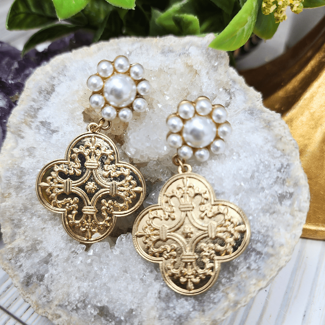 French Quatrefoil Pearl Stud Drop Earrings Earrings Canvas