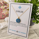 Jubilee Medal of St. Benedict Necklace Gold/Blue Religious My Saint My Hero