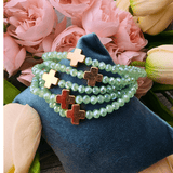 Set of 5 Crystal Stretch Bracelets With Cross Green Bracelets Good Feelings
