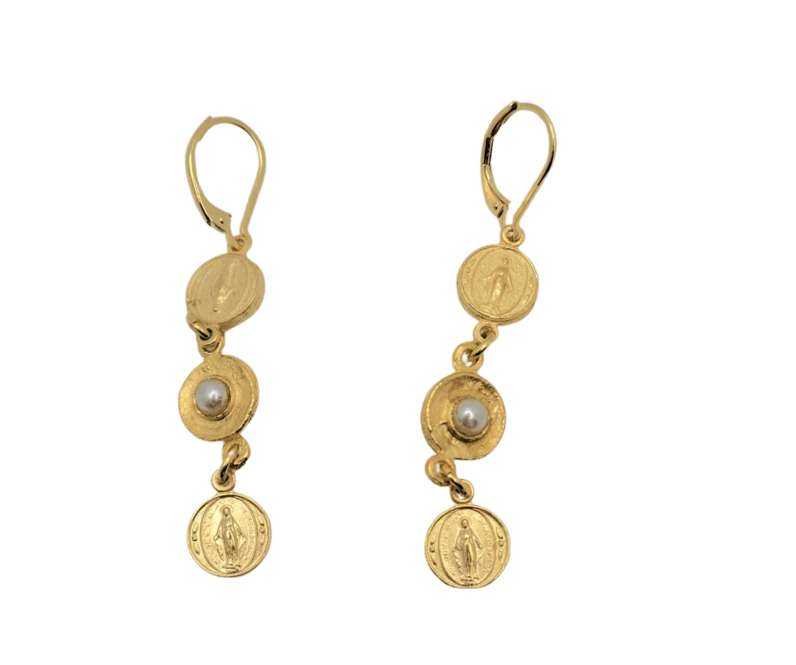 Miraculous Medal Earrings with Gold and Pearl Disc Earrings, Sister Dulce Gift Shop, Catholic Jewelry,