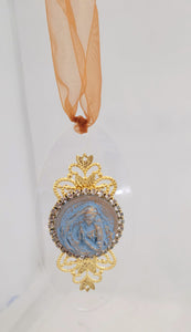 Oval Acrylic Ornament with Blue Intaglio Madonna and Child Ornament Sacred Treasures