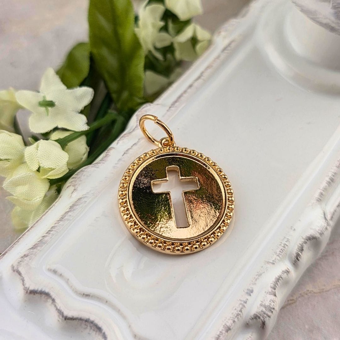 gold charm coin with cross, charm bar, charm necklace, charm bracelet, sister dulce, shepherds staff gift shop