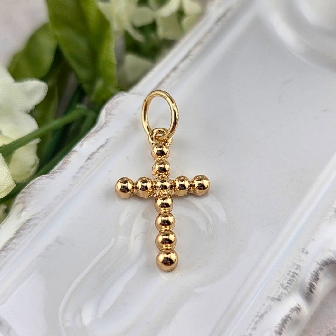 cross charm, bubble cross, beaded cross, gold charm, charm necklace, charm bracelet, sister dulce, shepherds staff