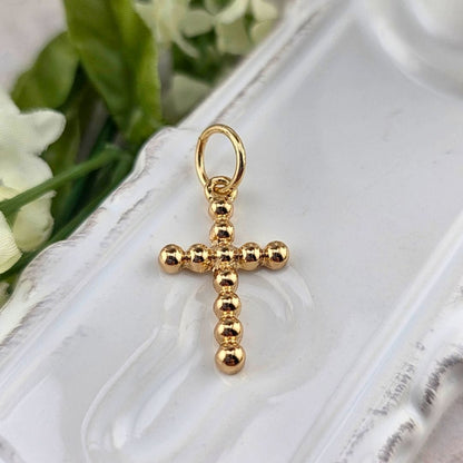cross charm, bubble cross, beaded cross, gold charm, charm necklace, charm bracelet, sister dulce, shepherds staff