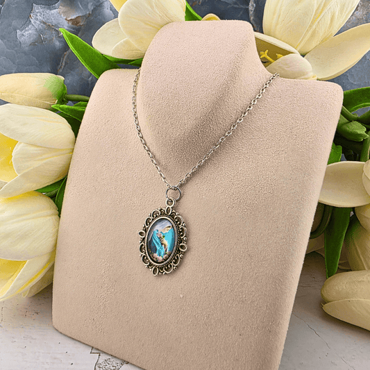 Silver Chain With Madonna and Roses Medal