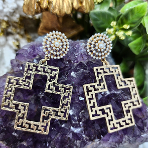 Sister Dulce Gift Shop, Catholic Store, Religious Store, Greek Keys Cross Earrings With Pearls, Cross Earrings