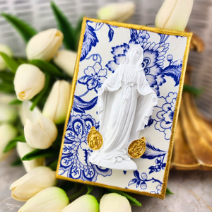 Sister Dulce Gift Shop, Catholic Store, Religious Store, Catholic Artwork, Religious Artwork, Mary With Miraculous Medals on Blue Floral Canvas