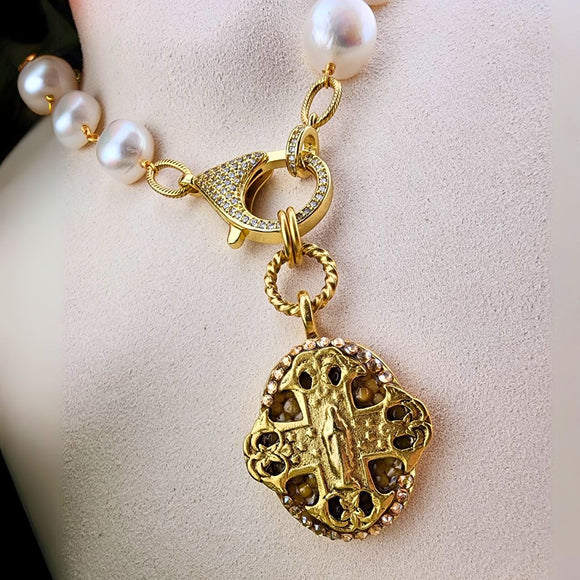 Large Pearl Miraculous Medal  Necklace