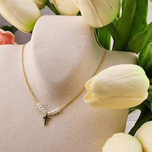 Children's Gold Plated Mini Pearls and Gold Cross Necklace Jewelry Jane Marie LLC