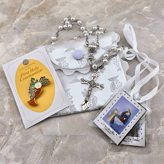 Sister Dulce Gift Shop, Religious Store, Catholic Store, Cypress Springs Mercedarian Prayer Center, First Communion, Girls, Pin, Rosary, Scapular, First Communion Gift Set 