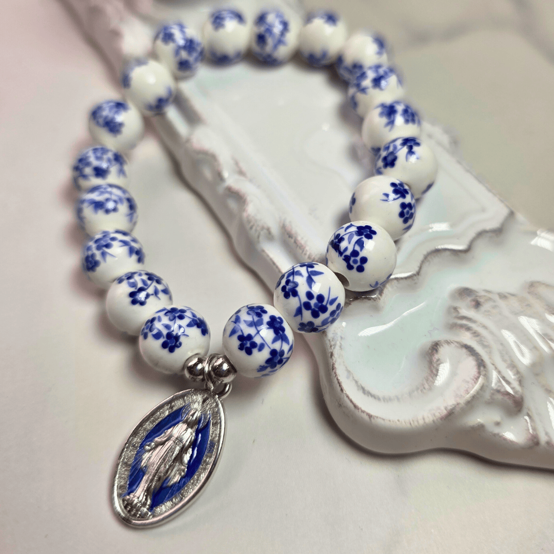 Sister Dulce Gift Shop, Shepherds Staff, Religious Store, Cypress Springs Mercedarian Prayer Center, Floral, Bracelet, Mary, Popular Item, Blue and White,  Catholic
