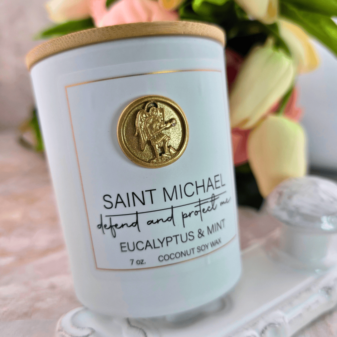 Sister Dulce Gift Shop, Shepherds Staff, Religious Store, Cypress Springs Mercedarian Prayer Center, Saint Michael Candle. Eucalyptus and Mint
