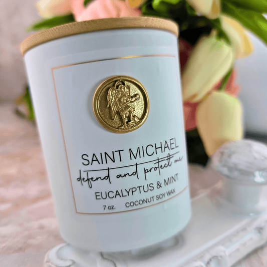 Sister Dulce Gift Shop, Shepherds Staff, Religious Store, Cypress Springs Mercedarian Prayer Center, Saint Michael Candle. Eucalyptus and Mint