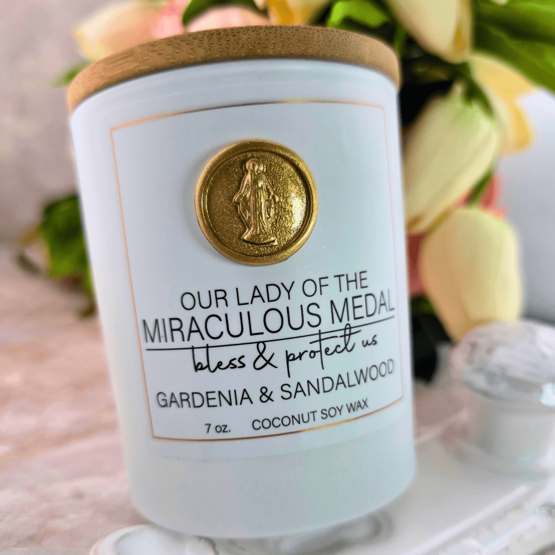 Sister Dulce Gift Shop, Shepherds Staff, Religious Store, Cypress Springs Mercedarian Prayer Center, Our Lady of the Miraculous Medal Candle, Gardenia and Sandalwood