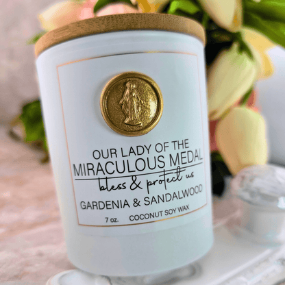 Sister Dulce Gift Shop, Shepherds Staff, Religious Store, Cypress Springs Mercedarian Prayer Center, Our Lady of the Miraculous Medal Candle, Gardenia and Sandalwood