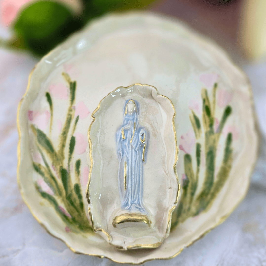 Sister Dulce Gift Shop, Shepherds Staff, Religious Store, Cypress Springs Mercedarian Prayer Center, Sacred Treasures, Mary with Pink Flowers Trinket Dish