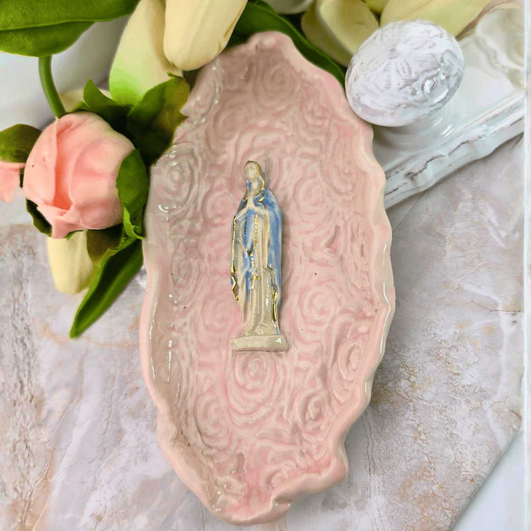 Sister Dulce Gift Shop, Shepherds Staff, Religious Store, Cypress Springs Mercedarian Prayer Center, Sacred Treasures, Our Lady of the Rosary Pink Floral Trinket Dish