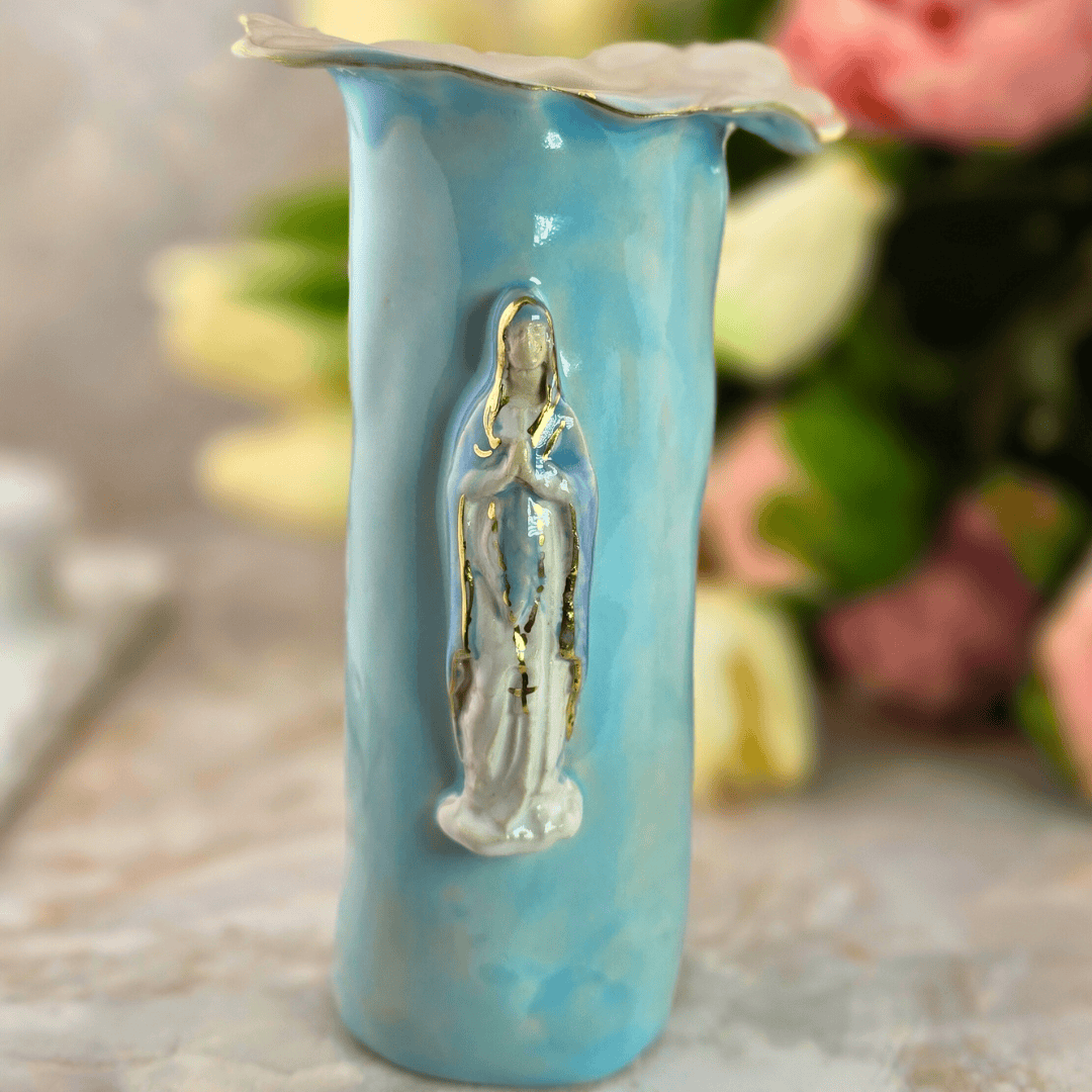 Sister Dulce Gift Shop, Shepherds Staff, Religious Store, Cypress Springs Mercedarian Prayer Center, Sacred Treasures, Our Lady of the Rosary Bright Blue Vase