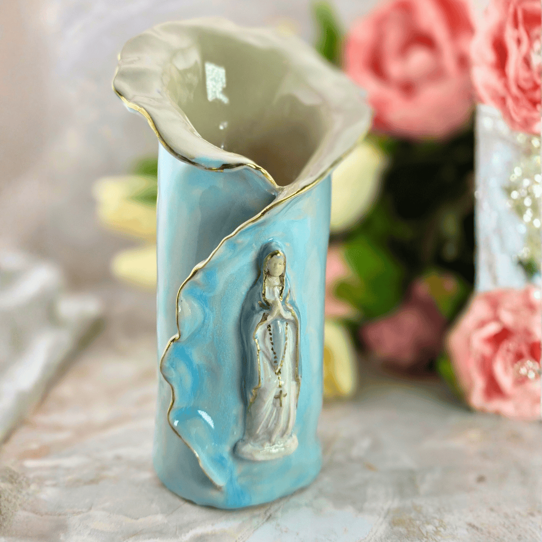 Sister Dulce Gift Shop, Shepherds Staff, Religious Store, Cypress Springs Mercedarian Prayer Center, Sacred Treasures, Our Lady of the Rosary Bright Blue Vase