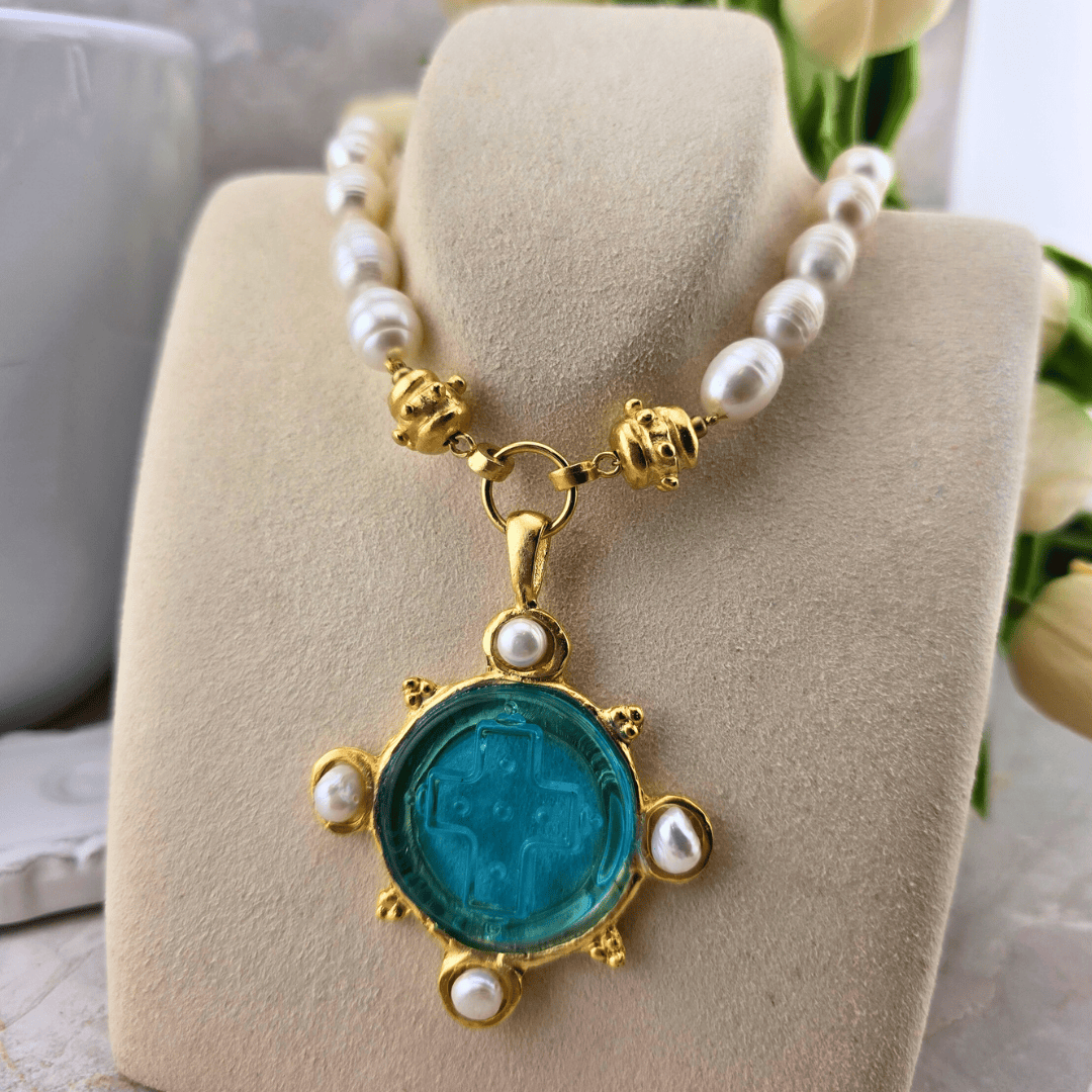 Sister Dulce Gift Shop, Shepherds Staff, Religious Store, Cypress Springs Mercedarian Prayer Center, Aqua Venetian Cross Pearl Necklace, Susan Shaw
