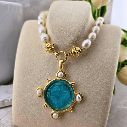 Sister Dulce Gift Shop, Shepherds Staff, Religious Store, Cypress Springs Mercedarian Prayer Center, Aqua Venetian Cross Pearl Necklace, Susan Shaw