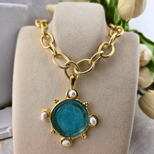 Sister Dulce Gift Shop, Shepherds Staff, Religious Store, Cypress Springs Mercedarian Prayer Center, Aqua Venetian Glass Freshwater Pearl on Chain Necklace, Susan Shaw