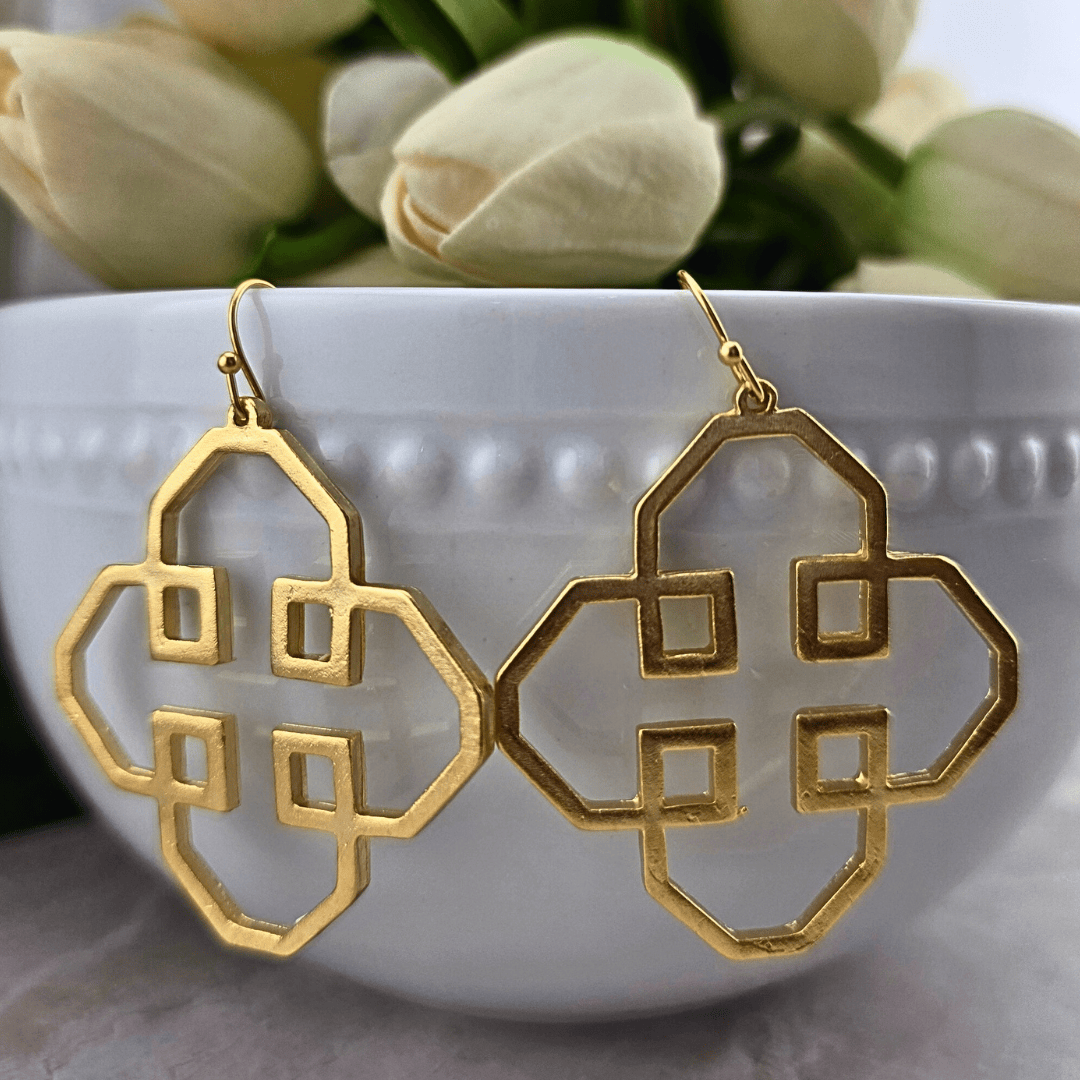 Sister Dulce Gift Shop, Shepherds Staff, Religious Store, Cypress Springs Mercedarian Prayer Center, Gold Large Clover with Square Earrings, Susan Shaw