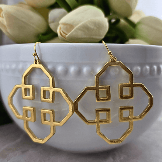 Sister Dulce Gift Shop, Shepherds Staff, Religious Store, Cypress Springs Mercedarian Prayer Center, Gold Large Clover with Square Earrings, Susan Shaw