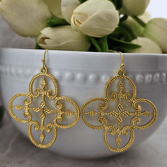 Sister Dulce Gift Shop, Shepherds Staff, Religious Store, Cypress Springs Mercedarian Prayer Center, Gold Filigree Clover Earrings, Susan Shaw
