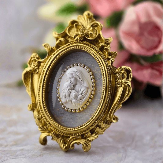 Sister Dulce Gift Shop, Shepherds Staff, Religious Store, Cypress Springs Mercedarian Prayer Center, Jeweled Cameo Intaglio, Pearl, Frame, Madonna with Child