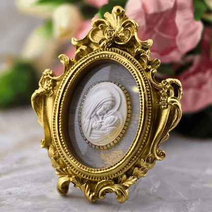 Sister Dulce Gift Shop, Shepherds Staff, Religious Store, Cypress Springs Mercedarian Prayer Center, Jeweled Cameo Intaglio, Pearl, Frame, Madonna with Child