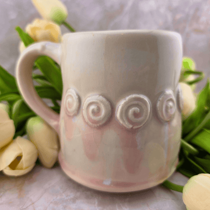 Sister Dulce Gift Shop, Shepherds Staff, Religious Store, Cypress Springs Mercedarian Prayer Center, Handmade Rosary Mug, Pink & Cream
