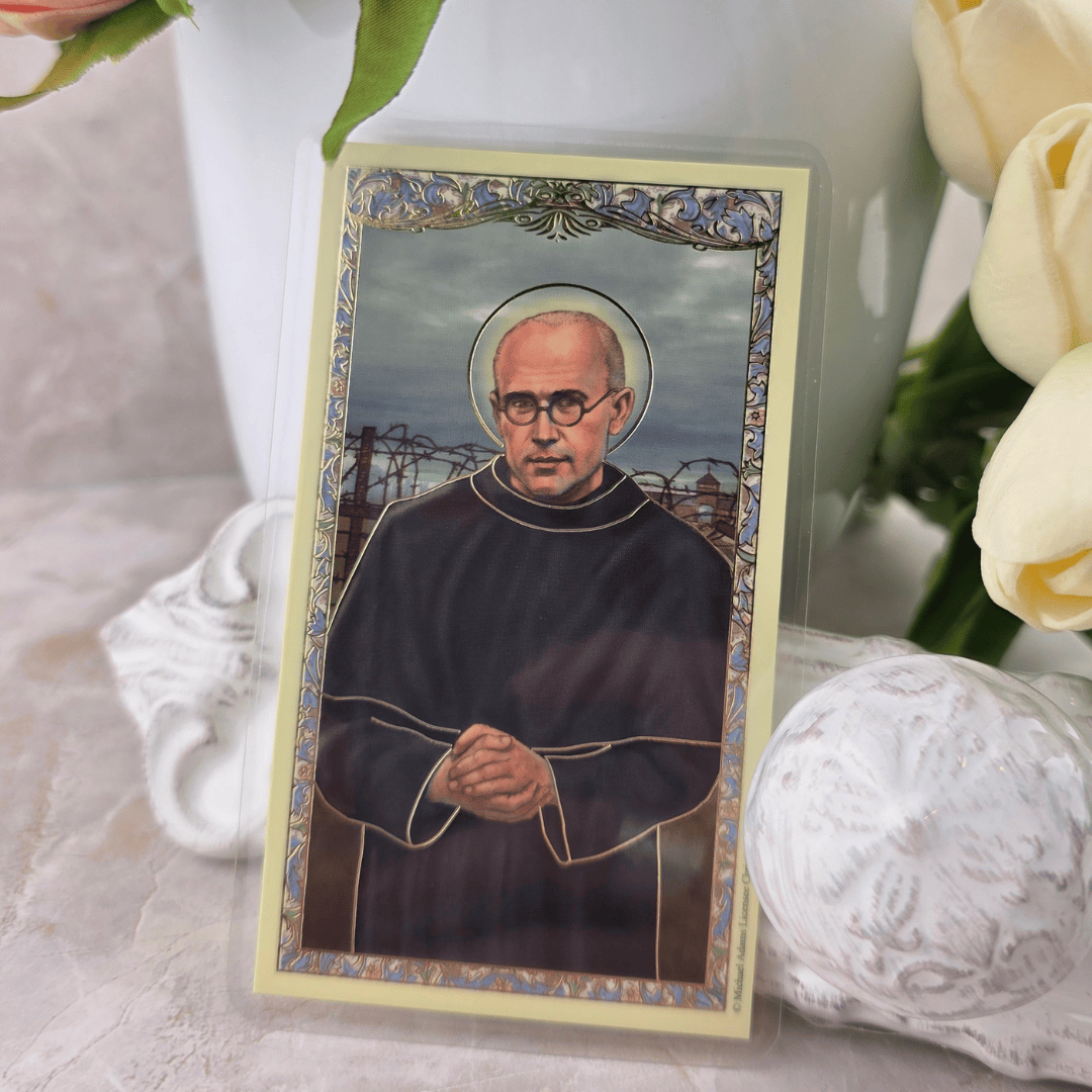 Sister Dulce Gift Shop, Shepherds Staff, Religious Store, Cypress Springs Mercedarian Prayer Center, Saint Maximilian Kolbe Prayer Card